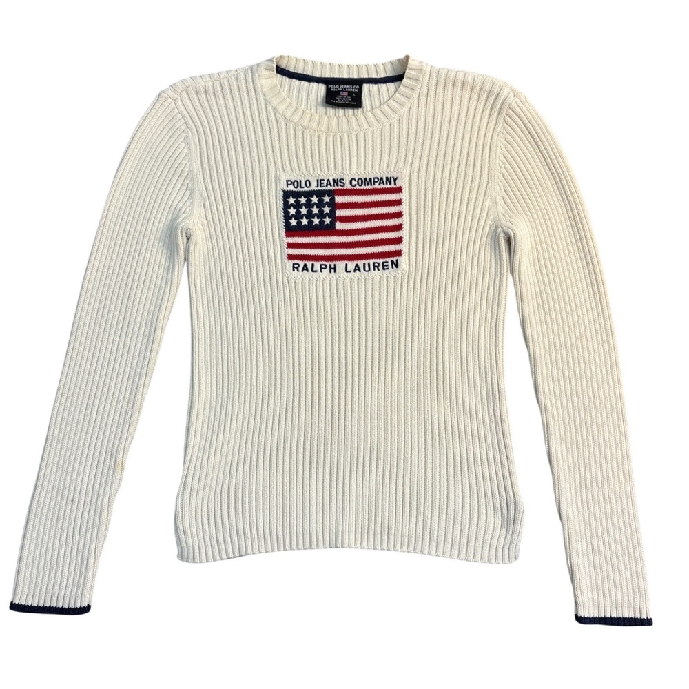 Polo Jeans Co Ralph Lauren American Flag Ribbed Knit Sweater Cream White Large
